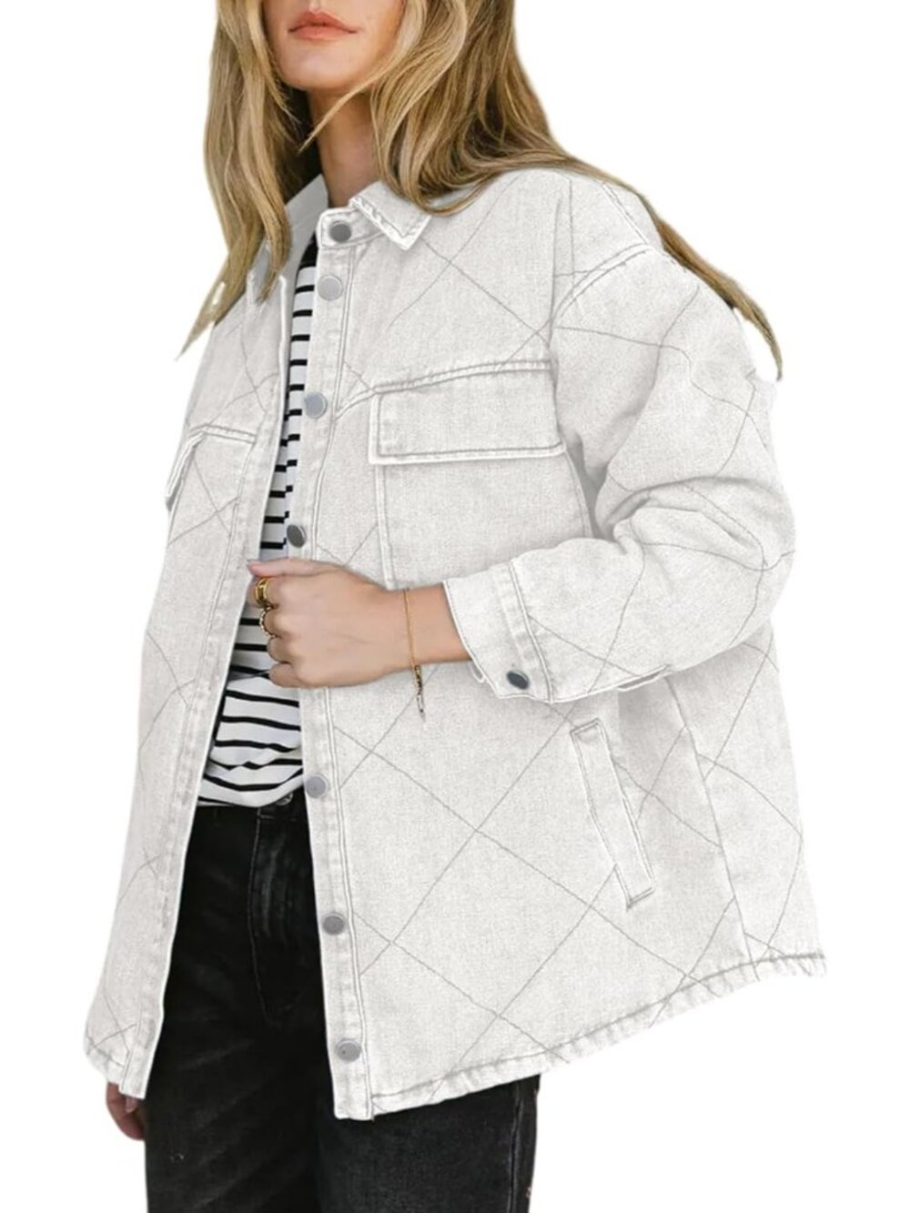 Women’s White Long Sleeve Button Down Oversized Denim Jacket Pocket Shacket